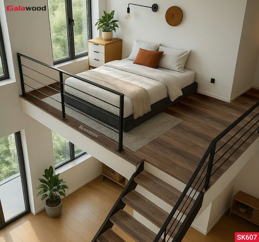 Hình nội thất sàn gác lửng vân gỗ nâu vàng SK607