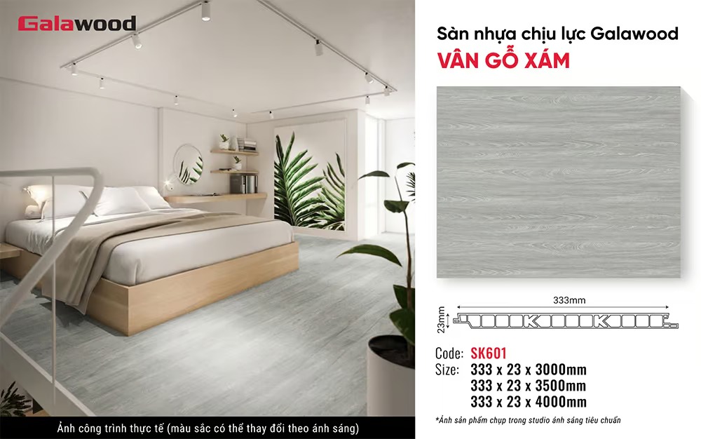 Hình ứng dụng sàn nhựa chịu lực Galawood SK601 vân gỗ xám