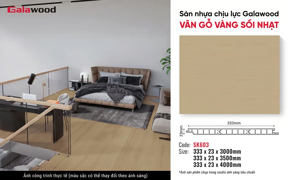 Hình ứng dụng sàn nhựa chịu lực Galawood SK603 vân gỗ vàng sồi nhạt